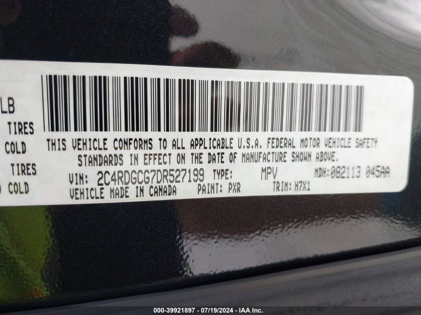 2013 Dodge Grand Caravan Sxt VIN: 2C4RDGCG7DR527199 Lot: 39921897