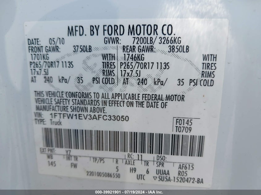 2010 Ford F-150 Fx4/Lariat/Xl/Xlt VIN: 1FTFW1EV3AFC33050 Lot: 39921901
