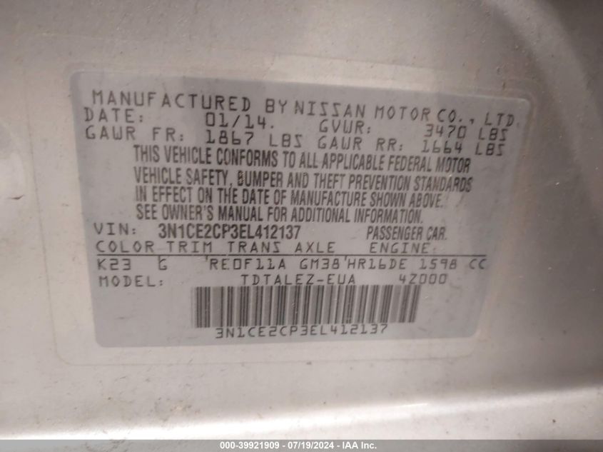 2014 Nissan Versa Note Sv VIN: 3N1CE2CP3EL412137 Lot: 39921909