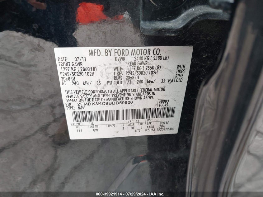 2011 Ford Edge Limited VIN: 2FMDK3KC9BBB59620 Lot: 39921914