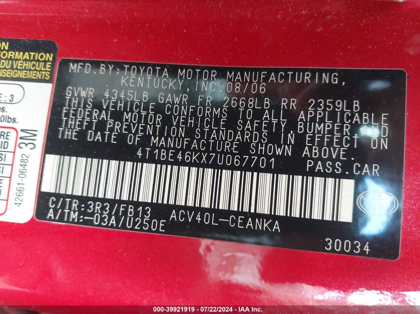 2007 Toyota Camry Le VIN: 4T1BE46KX7U067701 Lot: 39921919