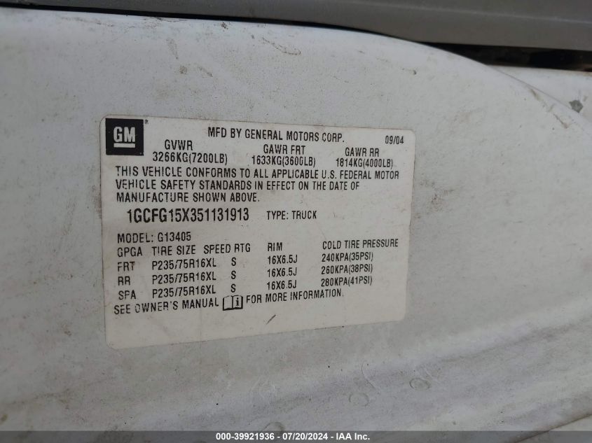 2005 Chevrolet Express VIN: 1GCFG15X351131913 Lot: 39921936