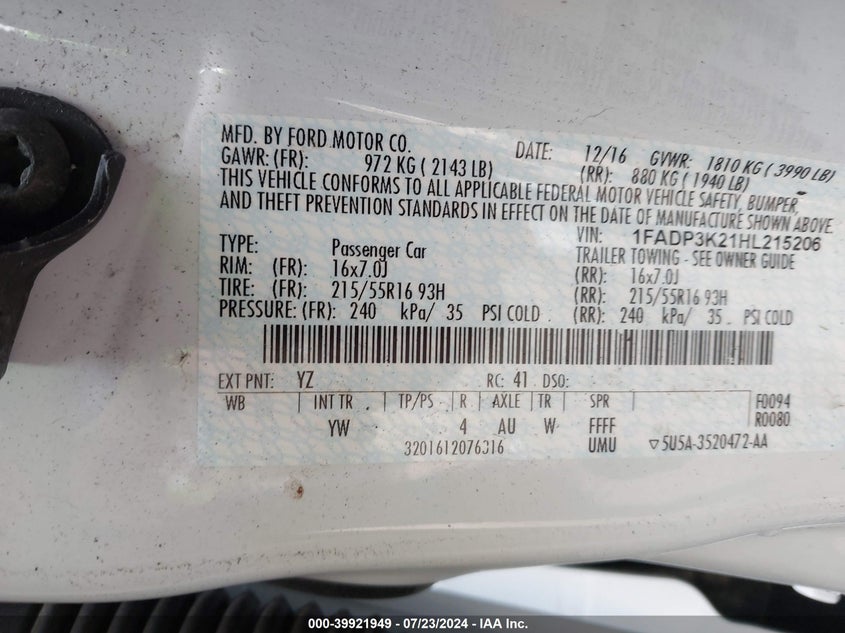 2017 FORD FOCUS SE - 1FADP3K21HL215206