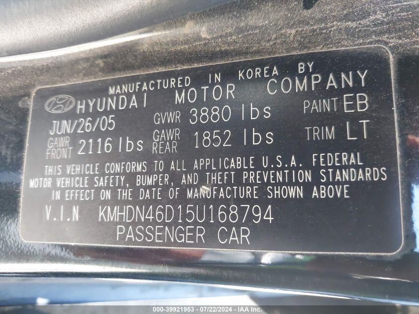 2005 Hyundai Elantra Gls/Gt VIN: KMHDN46D15U168794 Lot: 39921953