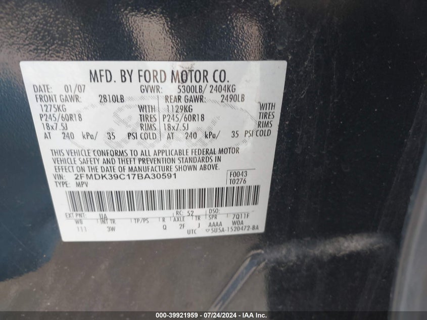 2007 Ford Edge Sel Plus VIN: 2FMDK39C17BA30591 Lot: 39921959