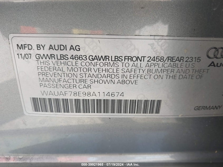 2008 Audi A4 2.0T VIN: WAUAF78E98A114674 Lot: 39921965