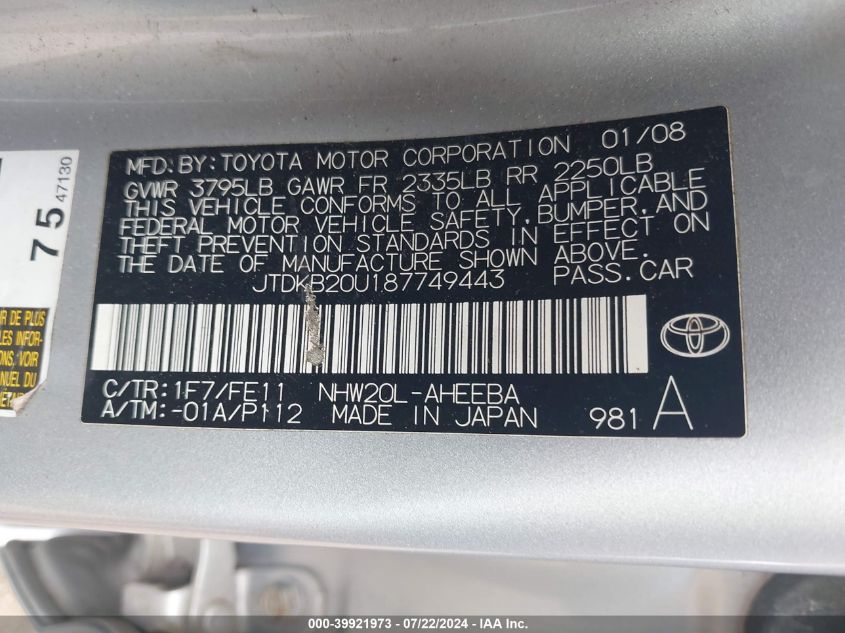 2008 Toyota Prius VIN: JTDKB20U187749443 Lot: 39921973