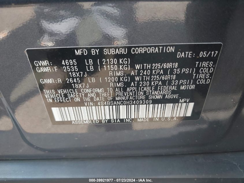 2017 Subaru Outback 2.5I Limited VIN: 4S4BSANC0H3409309 Lot: 39921977