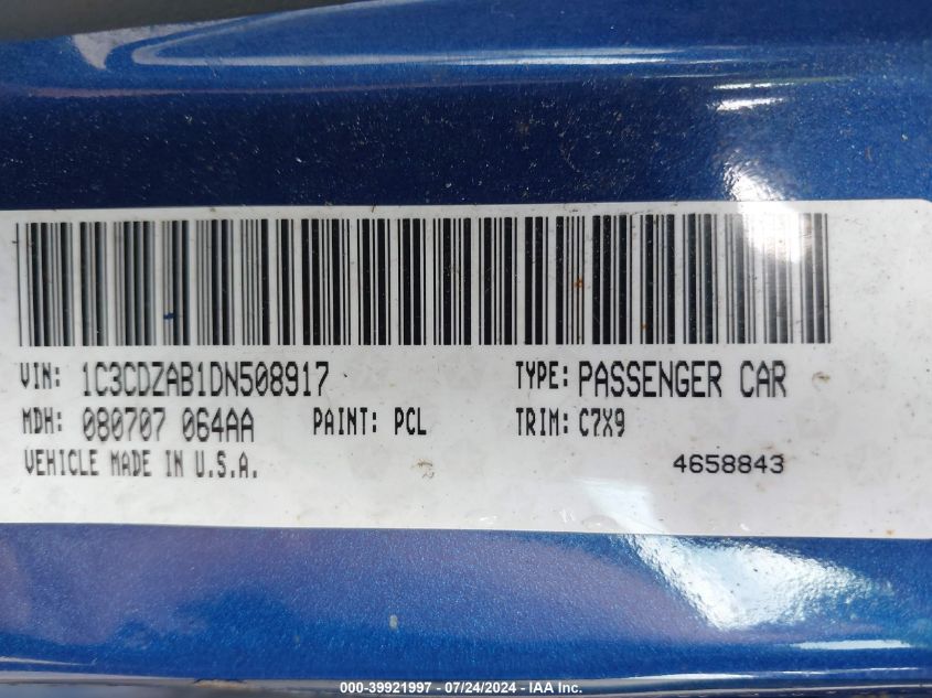 2013 Dodge Avenger Se VIN: 1C3CDZAB1DN508917 Lot: 39921997