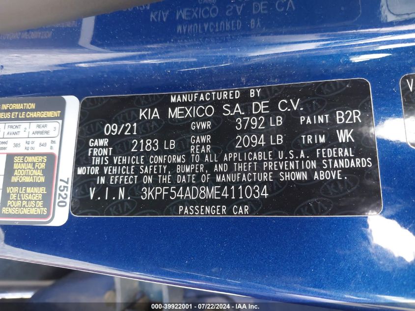 2021 Kia Forte Ex VIN: 3KPF54AD8ME411034 Lot: 39922001