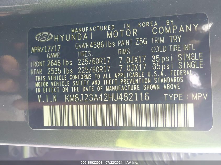 KM8J23A42HU482116 2017 Hyundai Tucson Se