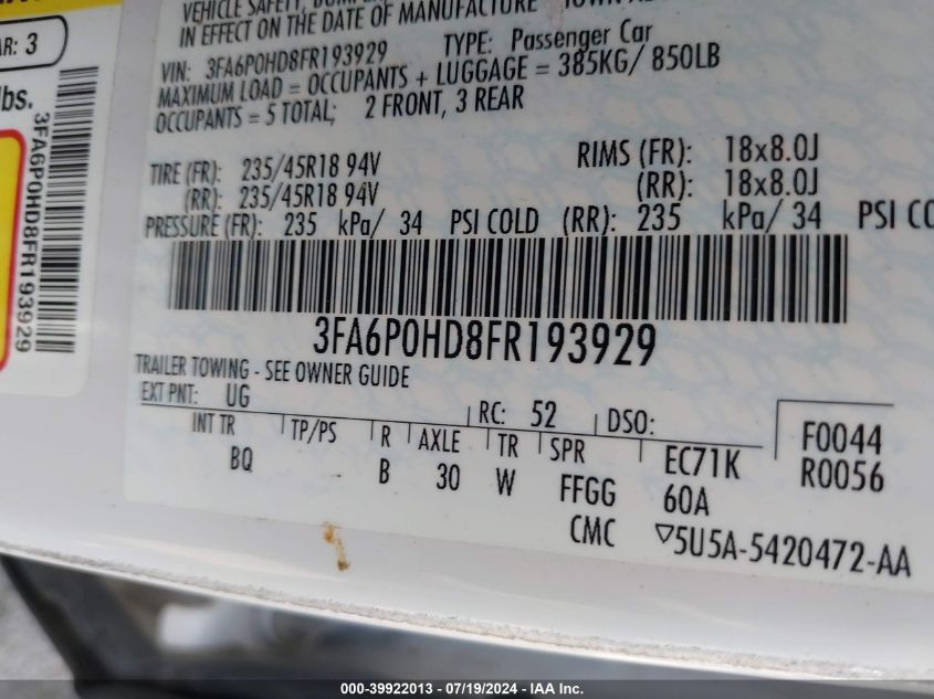 2015 Ford Fusion Se VIN: 3FA6P0HD8FR193929 Lot: 39922013