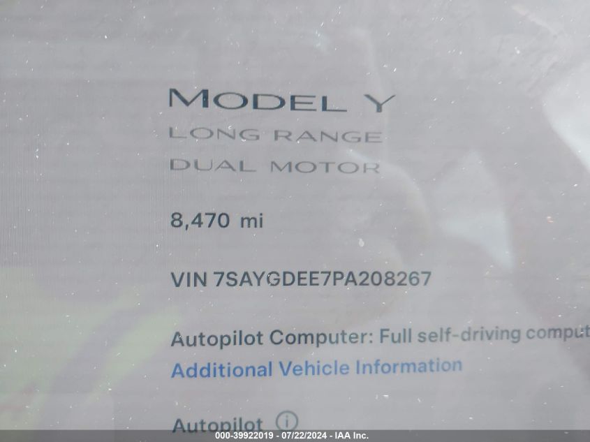 2023 Tesla Model Y Awd/Long Range Dual Motor All-Wheel Drive VIN: 7SAYGDEE7PA208267 Lot: 39922019