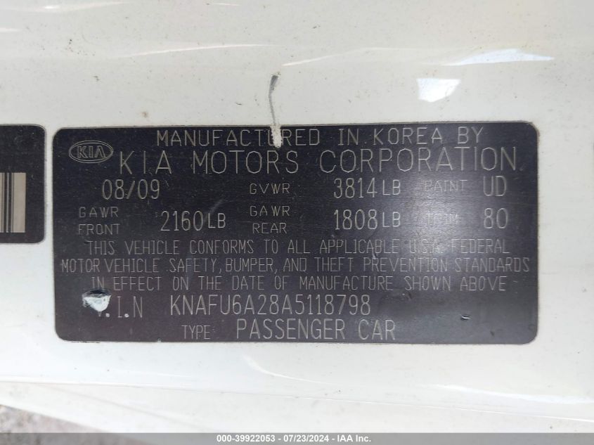 2010 Kia Forte Koup Ex VIN: KNAFU6A28A5118798 Lot: 39922053