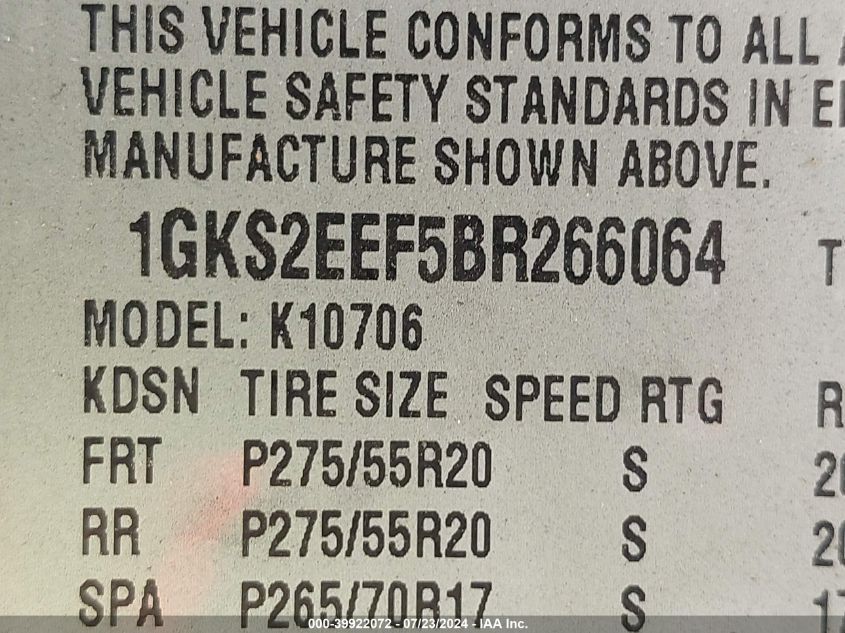 2011 GMC Yukon Denali VIN: 1GKS2EEF5BR266064 Lot: 39922072