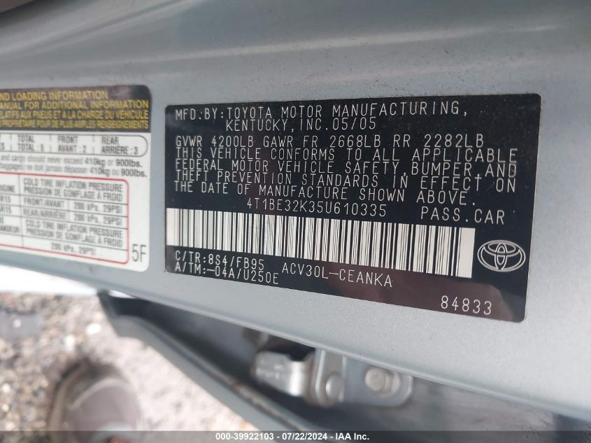 2005 Toyota Camry Le VIN: 4T1BE32K35U610335 Lot: 39922103