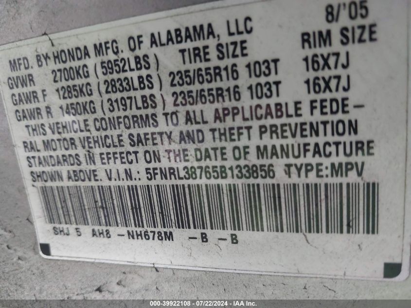 2005 Honda Odyssey Ex-L VIN: 5FNRL38765B133856 Lot: 39922108