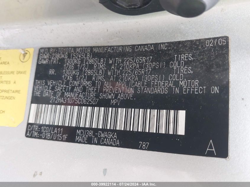 2005 Lexus Rx 330 VIN: 2T2HA31U75C062507 Lot: 39922114