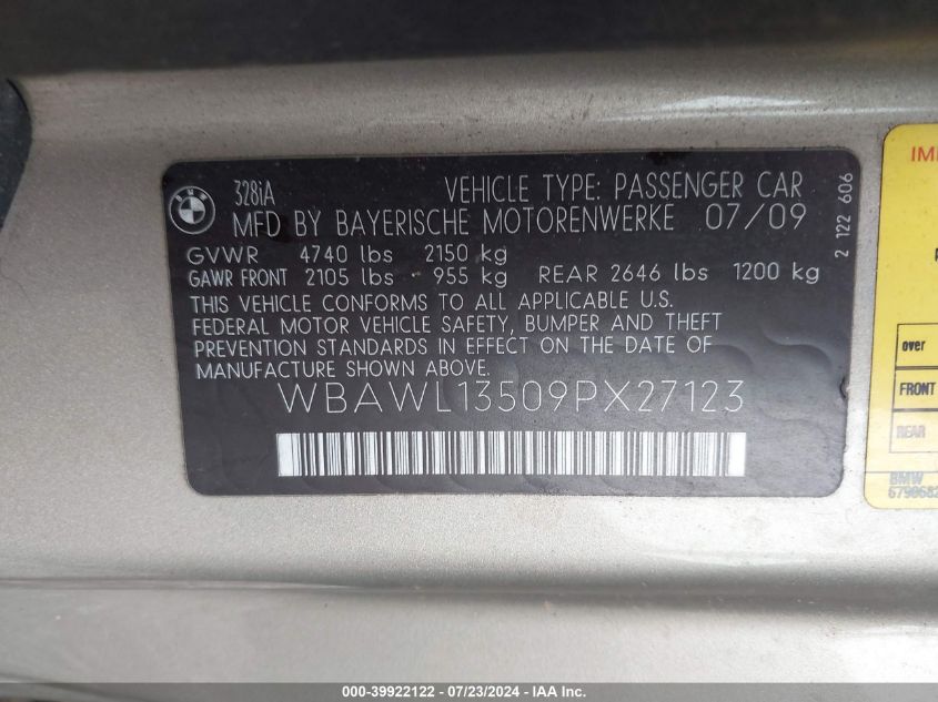 2009 BMW 328I I VIN: WBAWL13509PX27123 Lot: 39922122