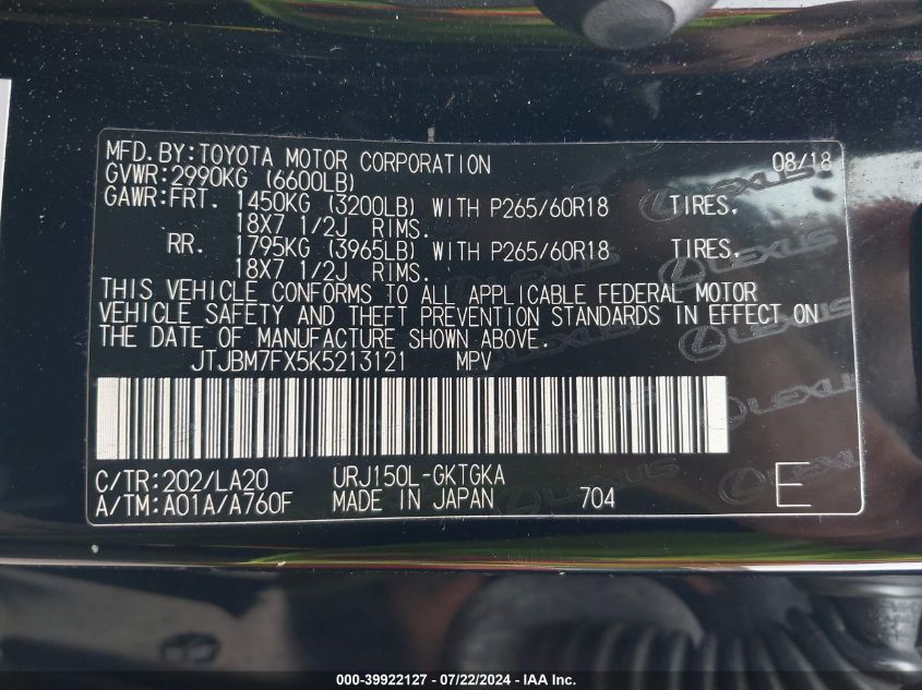 2019 Lexus 460 Premium VIN: JTJBM7FX5K5213121 Lot: 39922127