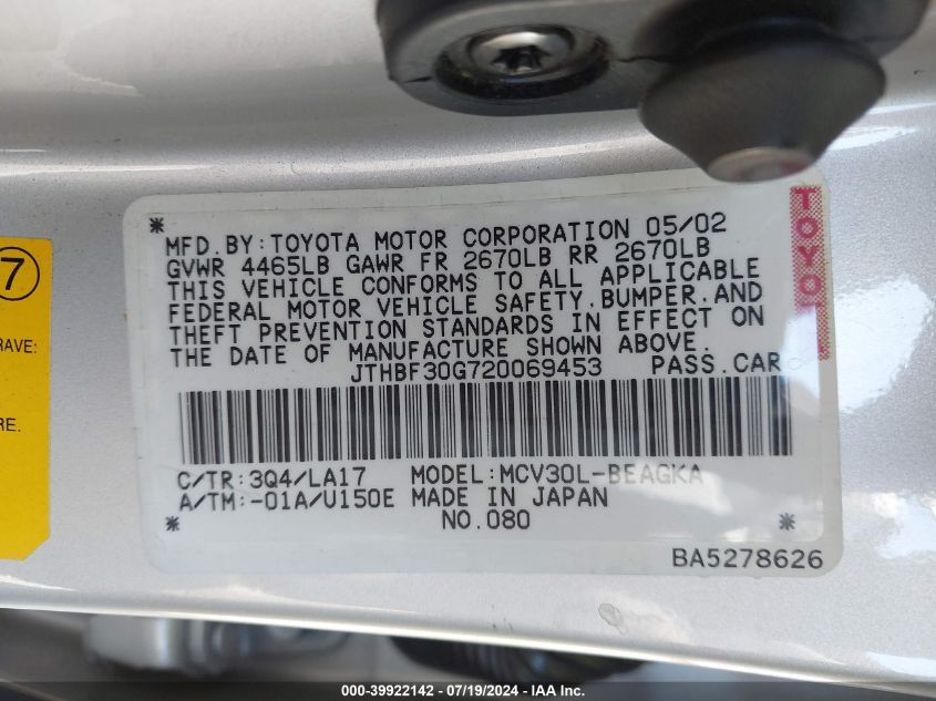 2002 Lexus Es 300 VIN: JTHBF30G720069453 Lot: 39922142