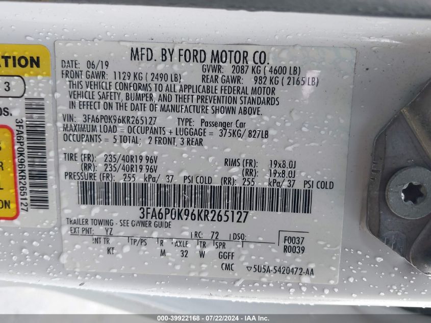 2019 FORD FUSION TITANIUM - 3FA6P0K96KR265127