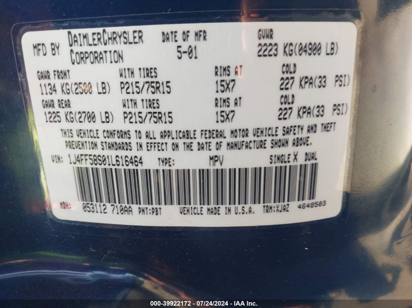 2001 Jeep Cherokee Classic/Limited VIN: 1J4FF58S01L616464 Lot: 39922172