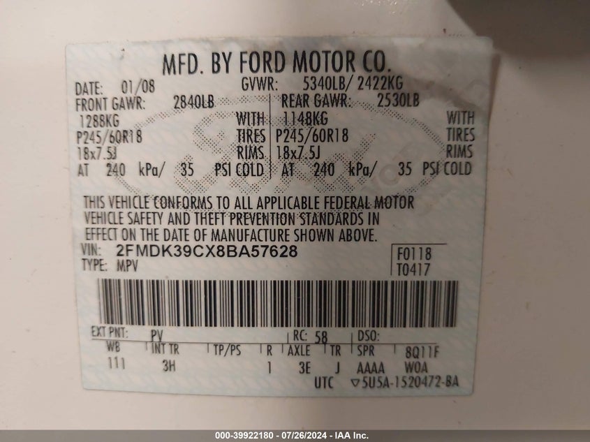 2008 Ford Edge Limited VIN: 2FMDK39CX8BA57628 Lot: 39922180