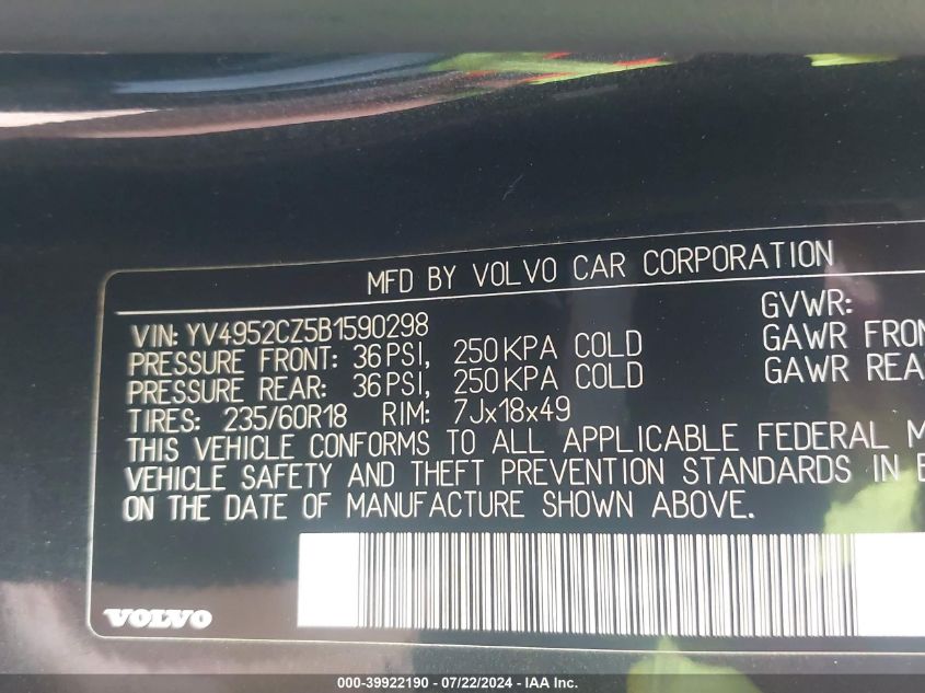 2011 Volvo Xc90 3.2 VIN: YV4952CZ5B1590298 Lot: 39922190