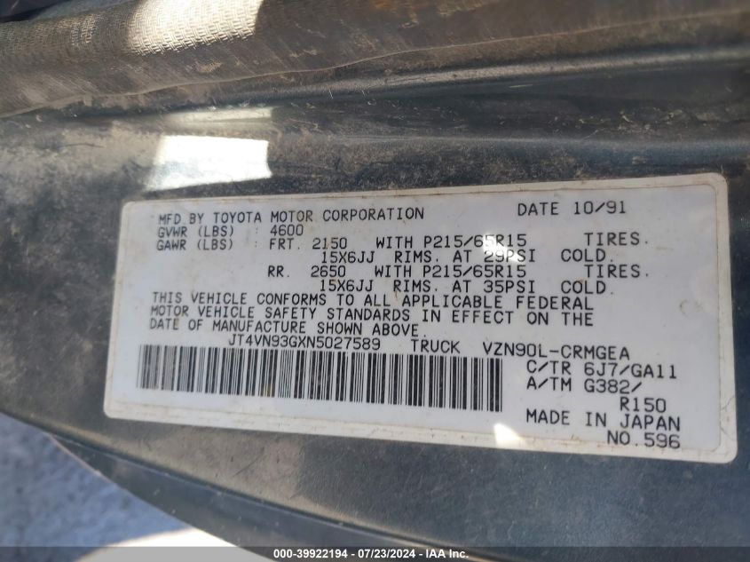 1992 Toyota Pickup 1/2 Ton Ex Long Whlbs Sr5 VIN: JT4VN93GXN5027589 Lot: 39922194