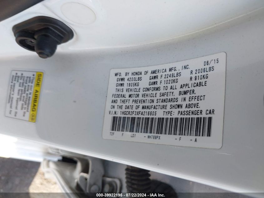 1HGCR2F3XFA216605 2015 Honda Accord Lx