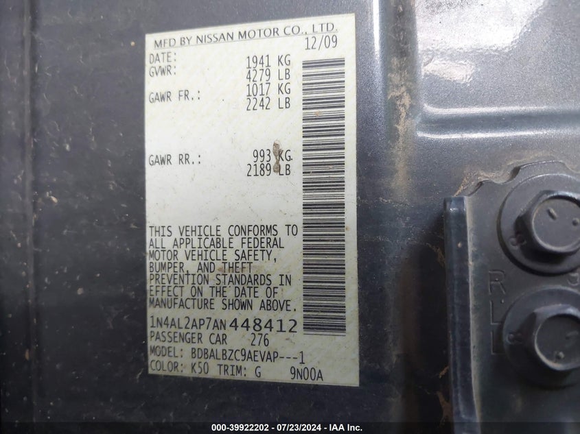 2010 Nissan Altima 2.5 S VIN: 1N4AL2AP7AN448412 Lot: 39922202