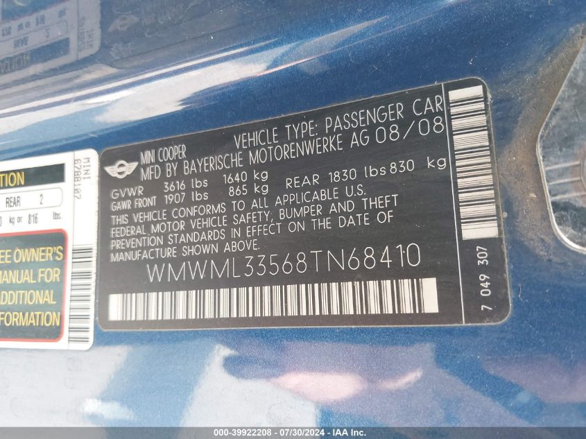 2008 Mini Cooper Clubman VIN: WMWML33568TN68410 Lot: 39922208