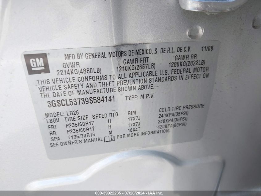 2009 Saturn Vue V6 Xr VIN: 3GSCL53739S584141 Lot: 39922235