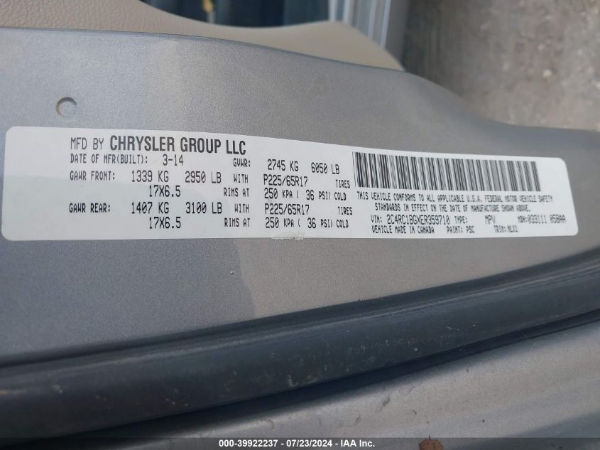 2014 Chrysler Town & Country Touring VIN: 2C4RC1BGXER359710 Lot: 39922237