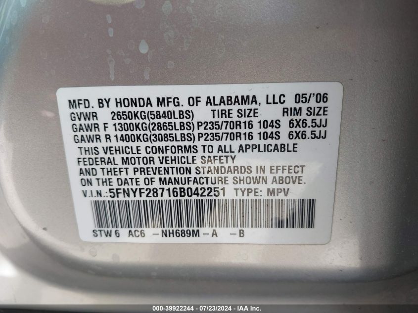 2006 Honda Pilot Ex-L VIN: 5FNYF28716B042251 Lot: 39922244