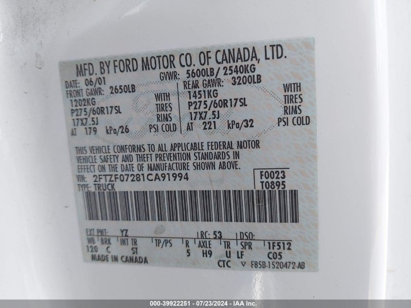 2001 Ford F-150 Xl/Xlt VIN: 2FTZF07281CA91994 Lot: 39922251