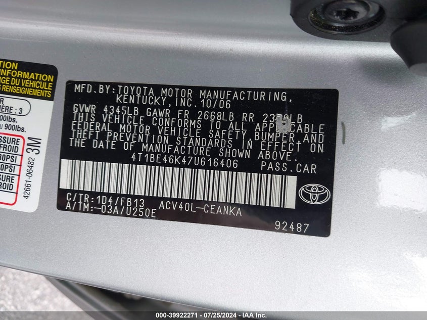 2007 Toyota Camry Ce VIN: 4T1BE46K47U616406 Lot: 39922271