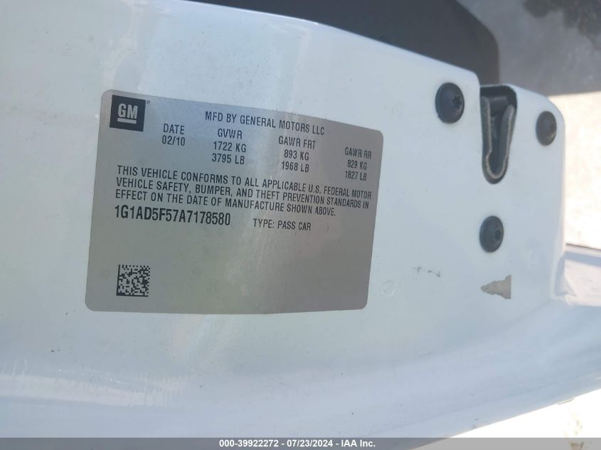 2010 Chevrolet Cobalt Lt VIN: 1G1AD5F57A7178580 Lot: 39922272