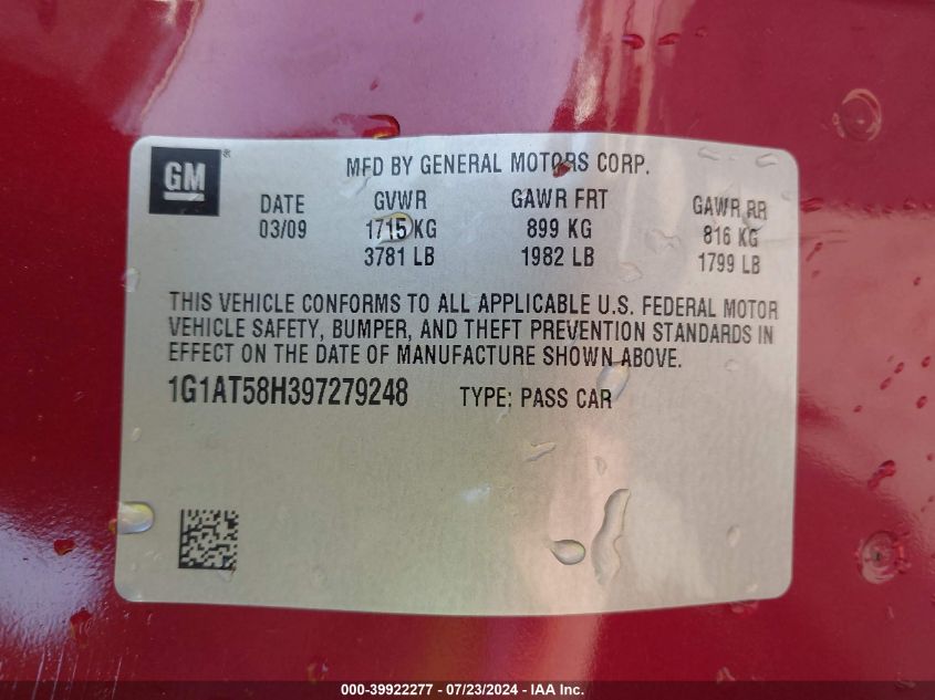 2009 Chevrolet Cobalt Lt VIN: 1G1AT58H397279248 Lot: 39922277