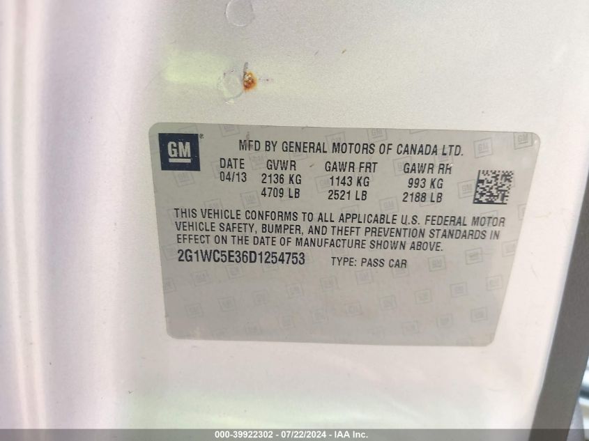 2013 Chevrolet Impala Ltz VIN: 2G1WC5E36D1254753 Lot: 39922302