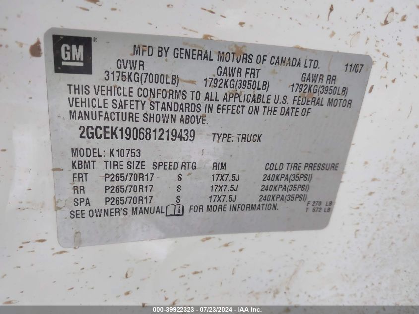 2008 Chevrolet Silverado 1500 Work Truck VIN: 2GCEK190681219439 Lot: 39922323