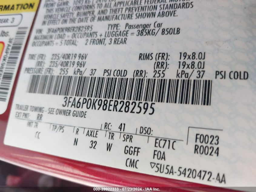 2014 Ford Fusion Titanium VIN: 3FA6P0K98ER282595 Lot: 39922333