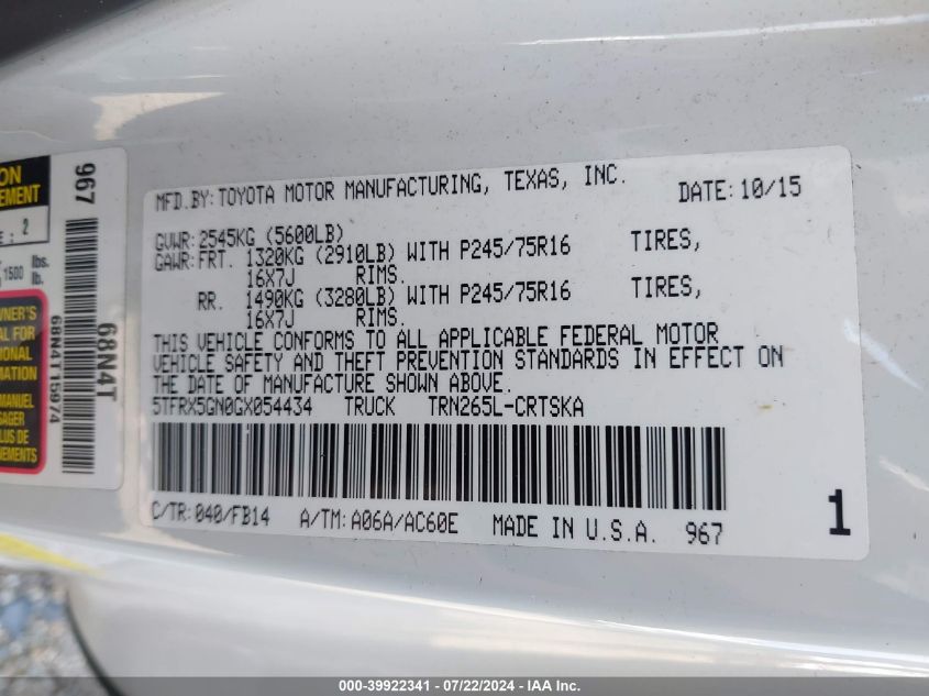 2016 Toyota Tacoma Sr VIN: 5TFRX5GN0GX054434 Lot: 39922341