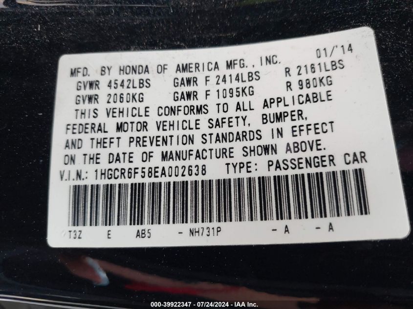 1HGCR6F58EA002638 2014 Honda Accord Hybrid Exl