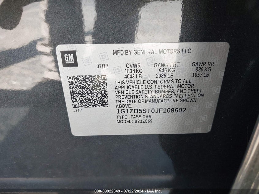 2018 Chevrolet Malibu 1Ls VIN: 1G1ZB5ST0JF108602 Lot: 39922349