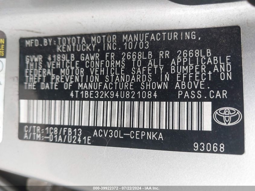 2004 Toyota Camry Le VIN: 4T1BE32K94U821084 Lot: 39922372