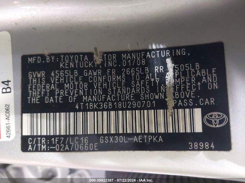 2008 Toyota Avalon Limited VIN: 4T1BK36B18U290701 Lot: 39922387