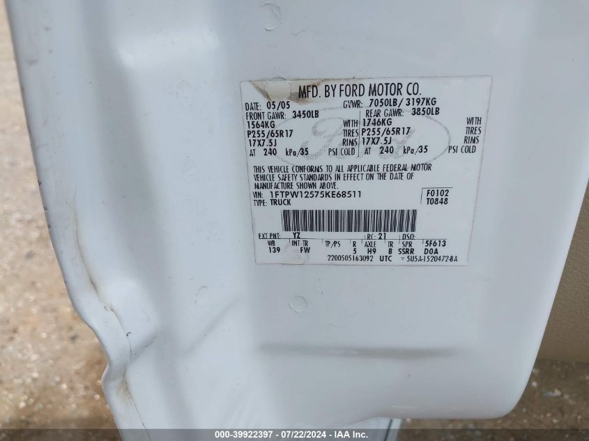 2005 Ford F-150 Lariat/Xlt VIN: 1FTPW12575KE68511 Lot: 40194615