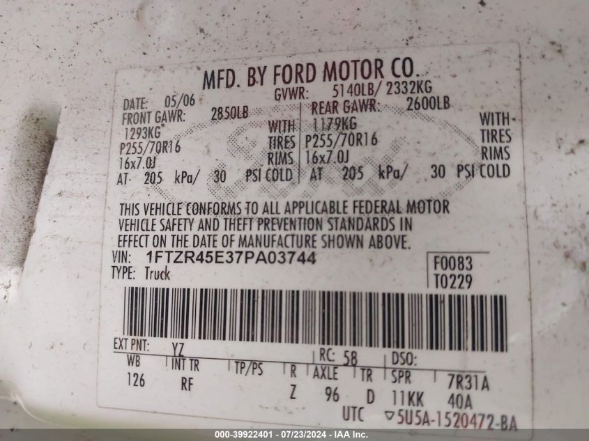 2007 Ford Ranger Fx4 Level Ii/Fx4 Off-Road/Sport/Xlt VIN: 1FTZR45E37PA03744 Lot: 39922401